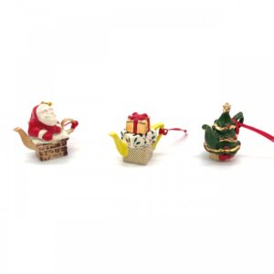 Three mini tea Christmas tree ornaments