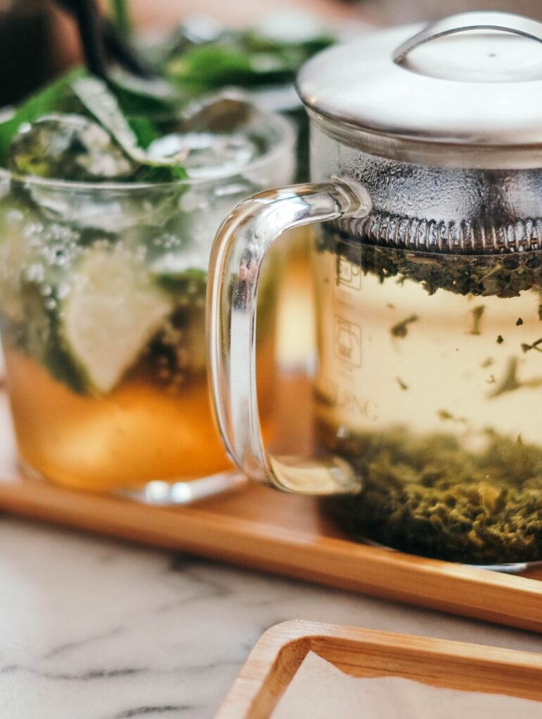 Tea steeping for a tea cocktail.