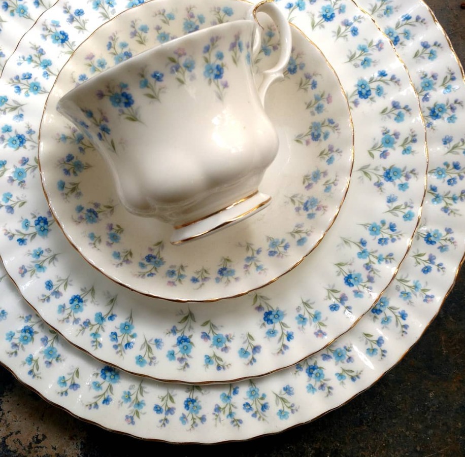 Bone china tea and dinner set from Rhea's collection.
